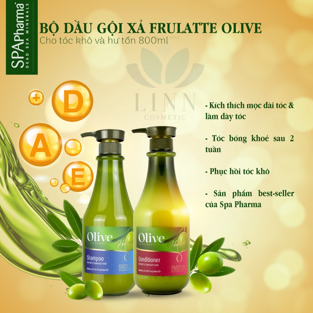 Set Dầu gội xả Frulatte olive Spa Pharma kích thích mọc tóc và phục hồi tóc dành cho tóc khô và hư tổn 800ml chuẩn salon