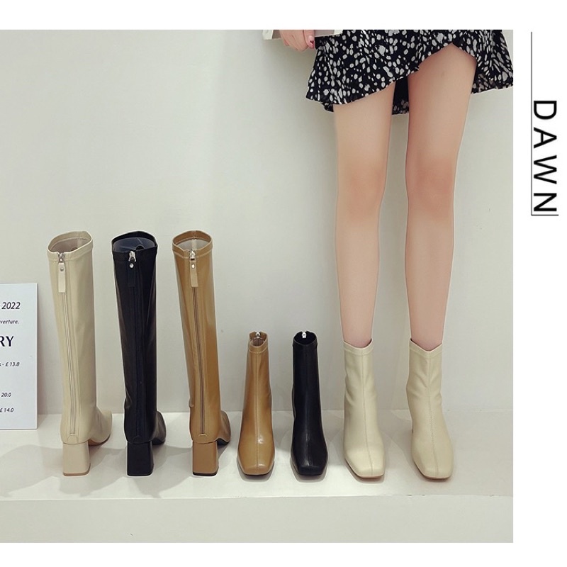 Boots da nữ cổ cao và cổ ngắn gót vuông cao 6cm da mềm ôm chân
