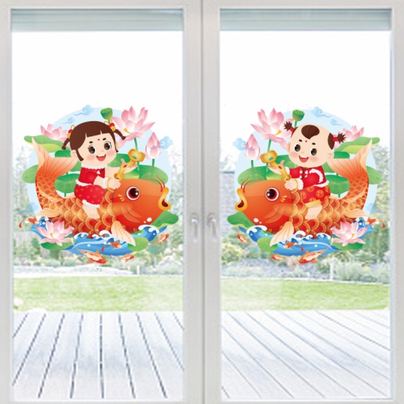 Decal hít tĩnh điện dán tết - Bé gái và bé trai cưỡi cá chép