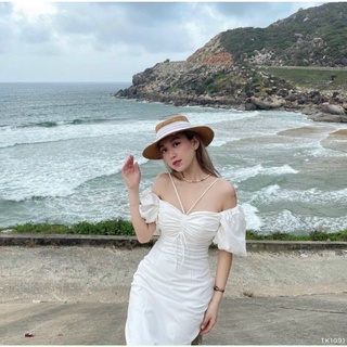 Đầm midi phối dây rút (S/M/L - Trắng/Đen)