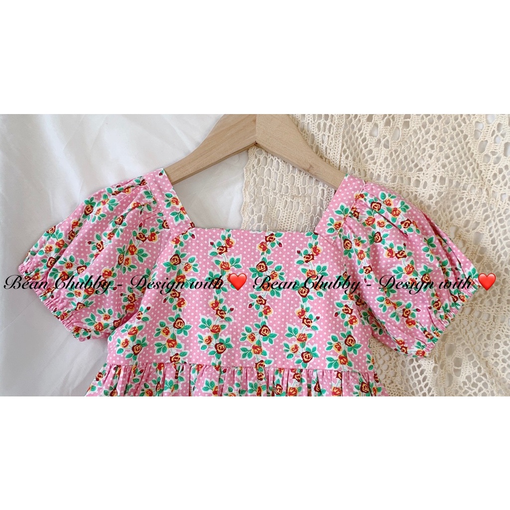 [Ảnh thật] Váy Thô Hoa Cổ Vuông Phối Nơ Lưng Tiểu Thơ Xinh Đẹp Chubby Beans