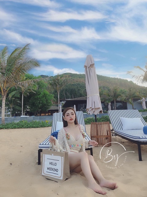 Set biển - set 3 món - áo 2 dây thổ cẩm + quần hoa hot hit cạp nhỏ + choàng ren tay sóng điệu đà (có tách rời)