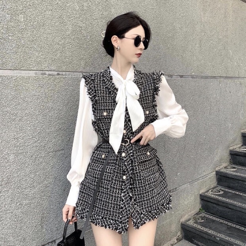 SET ÁO VEST GILE DẠ TWEED VÀ ÁO SƠ MI CỔ BUỘC NƠ KẺ SỌC