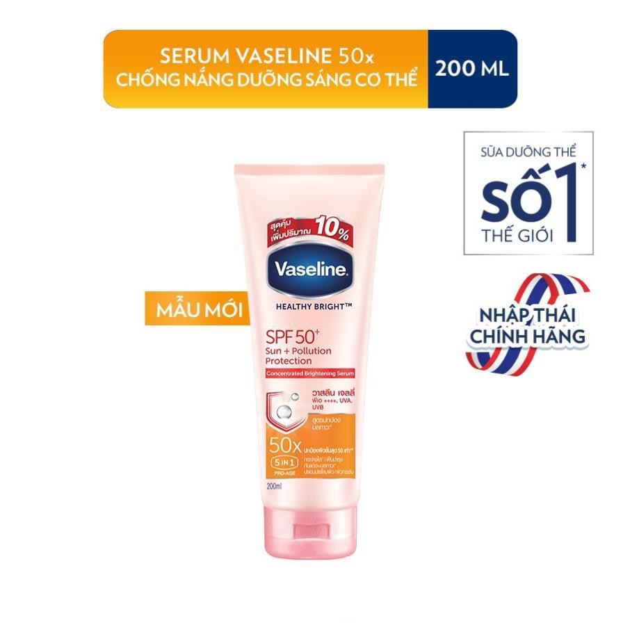 Mỹ phẩm siêu lành tính Vaseline 50x Serum chống nắng cơ thể SPF50 + dưỡng da sáng khoẻ 200ML