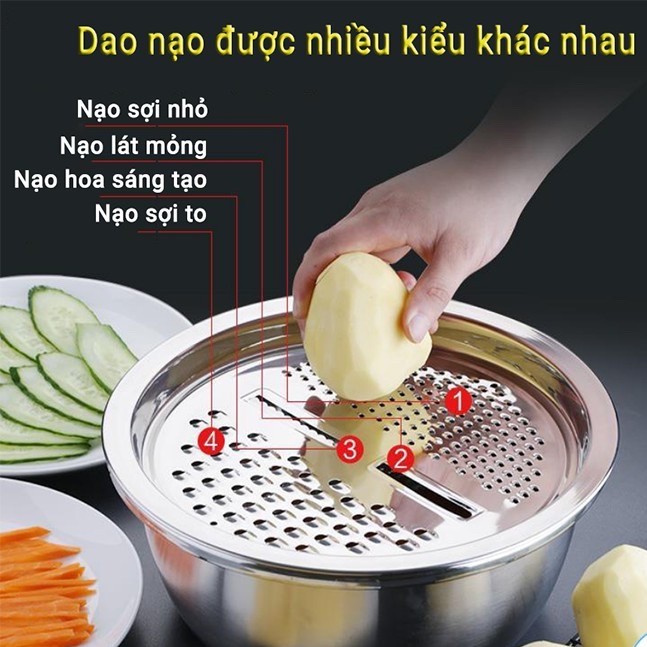 Rổ Nạo Rau Củ Đa Năng 3 In 1 Inox 304 Không Gỉ, Bộ Rổ Nạo Siêu Tiện Ích Nhà Bếp - MS124