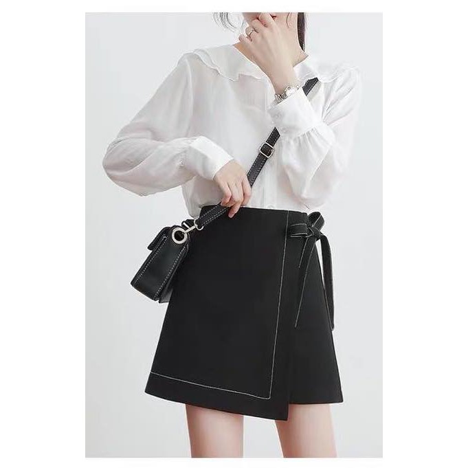 Chân váy chữ A ngắn MORVA - Chân váy chữ A  cạp cao trơn chỉ nổi có nơ buộc - Hàng may kĩ có quần lót cao cấp