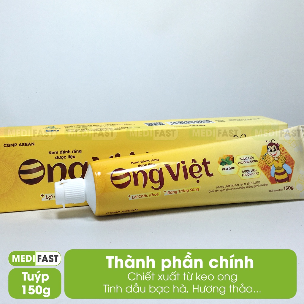 Kem đánh răng Ong Việt - Tuýp 150g -  từ keo ong cho trẻ từ 6 tuổi và người lớn, bảo vệ lợi chắc khỏe, hơi thở thơm mát