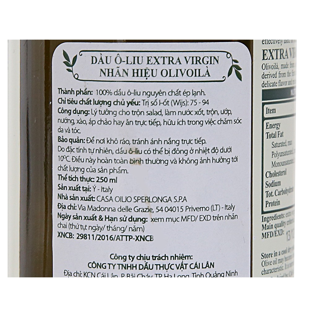 Dầu ô liu Extra Virgin OLIVOILA chai 250ml