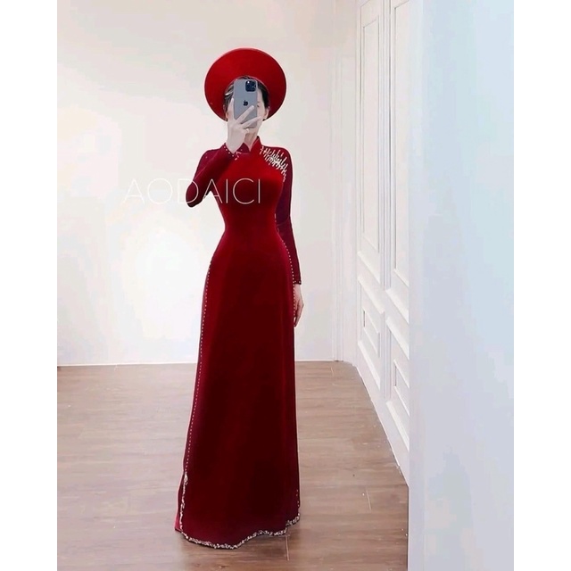 Áo dài nhung phối voan kết kim sa