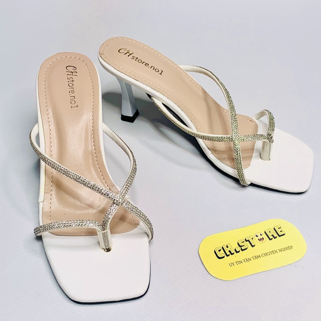 Giày sandal cao gót xỏ ngón quai mảnh đính đá 7p hot 2022 MÃ H20