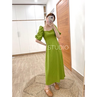 Đầm xanh bơ, chất linen