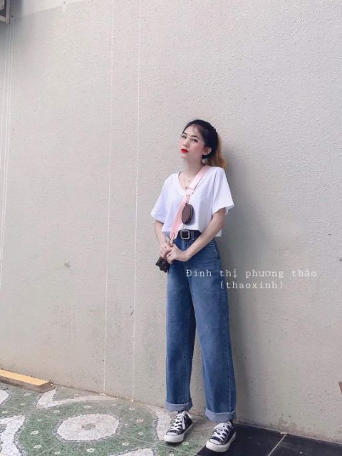 Quần baggy jeans cạp cao ống loe nhẹ màu xanh đá ulzzang kèm ảnh thật