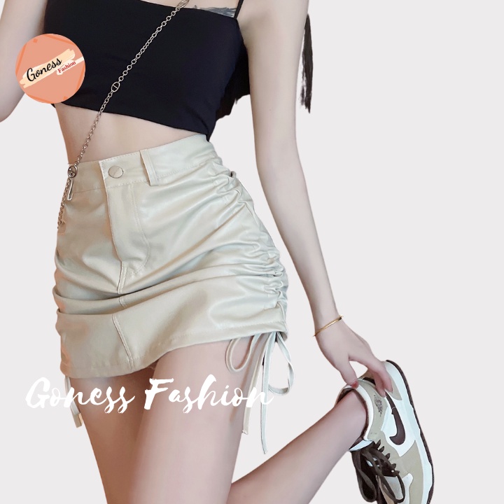 Chân váy Goness kiểu rút dây 2 bên dáng ngắn chất liệu da nữ body nhún hông ulzzang | BigBuy360 - bigbuy360.vn