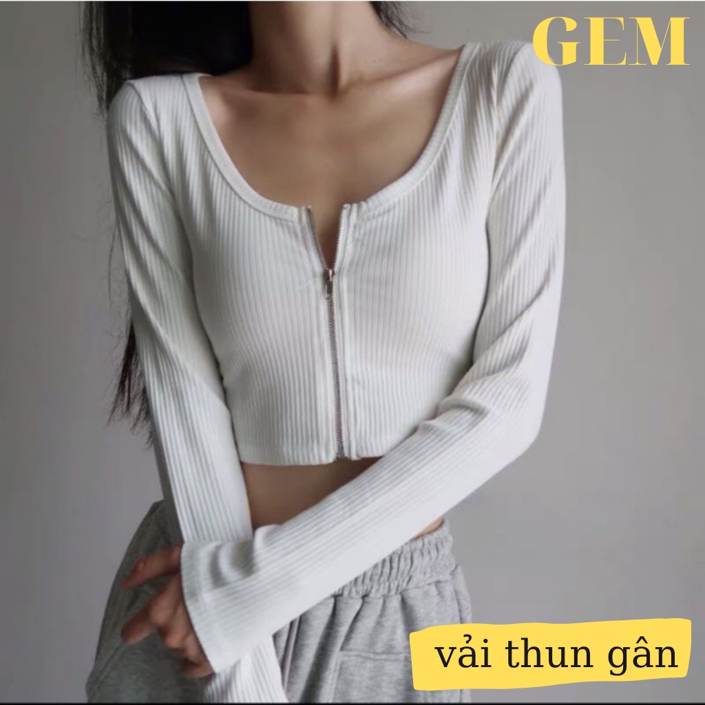 Áo croptop tay dài kiểu dây kéo chất thun gân mềm mát , croptop nữ cổ vuông