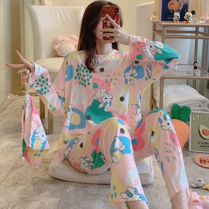 Đồ bộ nữ mặc nhà dễ thương, đồ ngủ dài tay thu đông chất thun mềm phối nơ cao cấp