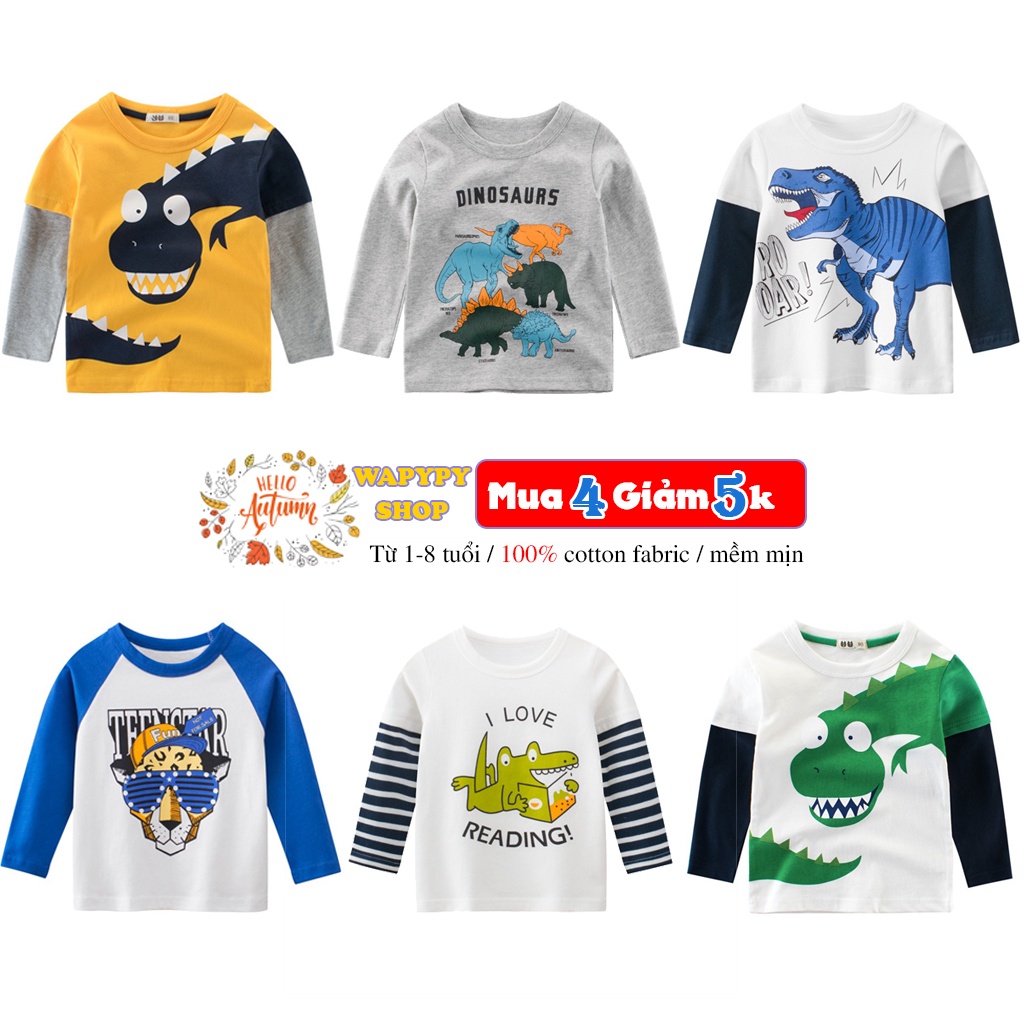 Áo bé trai 27KIDS áo thun dài tay cho bé in hình khủng long siêu ngầu chất cotton hàng xuất Âu Mỹ