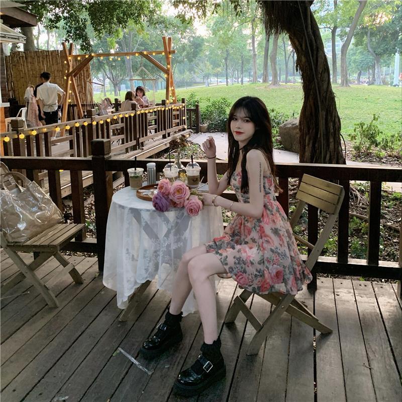 Đầm Chữ A Hai Dây Chiết Eo Cao In Họa Tiết Hoa Thời Trang Mùa Hè Mới Cho Nữ