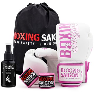 Combo Găng Tay Boxing Saigon + Băng Tay 4m5 (tặng túi rút & xịt) - Trắng hồng