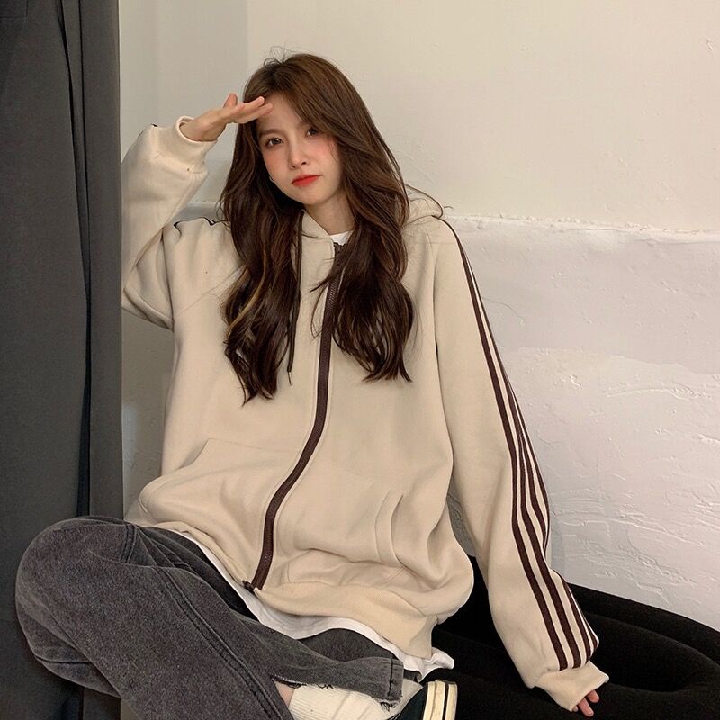 Áo Khoác Hoodie Tay Dài Họa Tiết Kẻ Sọc Thời Trang Thu Đông Mới Cho Nữ