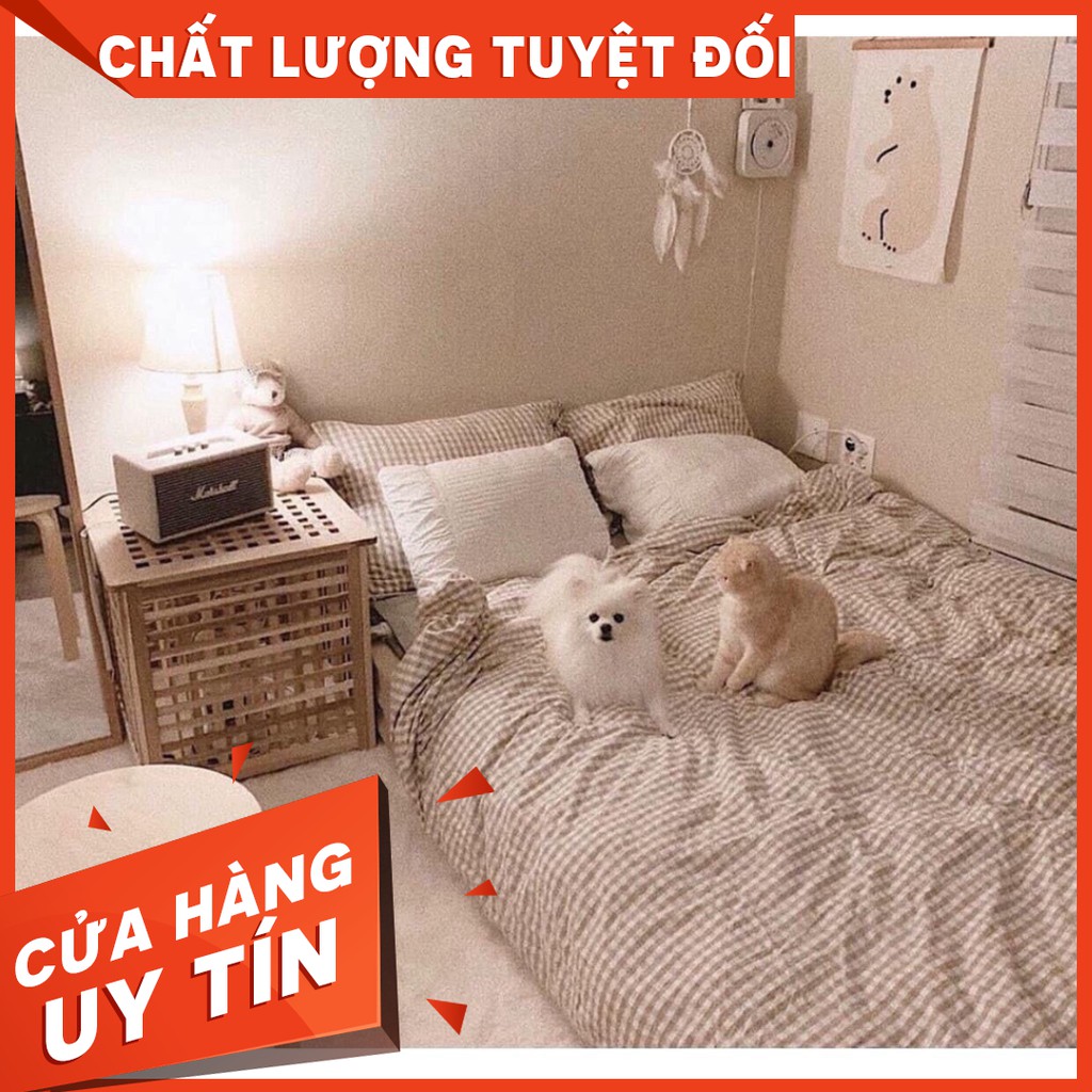 Bộ CHĂN GA GỐI COTTON POLY - Mẫu CARO NÂU PHỐI BE (mẫu mới 2020)