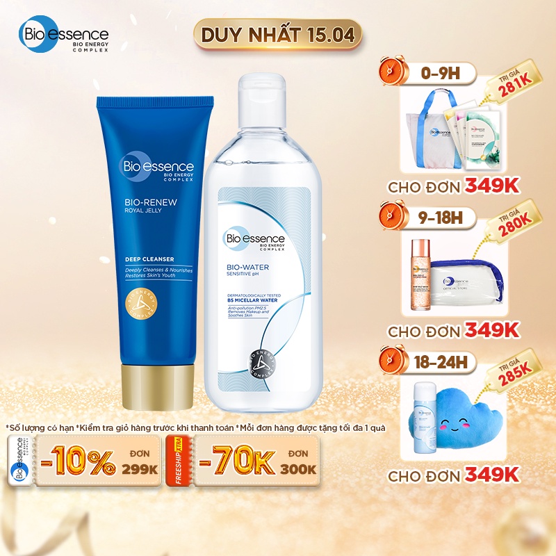 Combo sạch sâu Bio-Essence(Nước tẩy trang BioWater Micellar Water 100ml+Sữa rửa mặt dưỡng da BioRenew sữa ong chúa 100g)