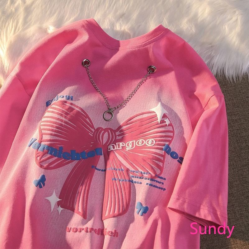 Áo Thun Tay Ngắn Dáng Rộng Phối Nơ Plus Size Thời Trang Hè Xinh Xắn Cho Nữ