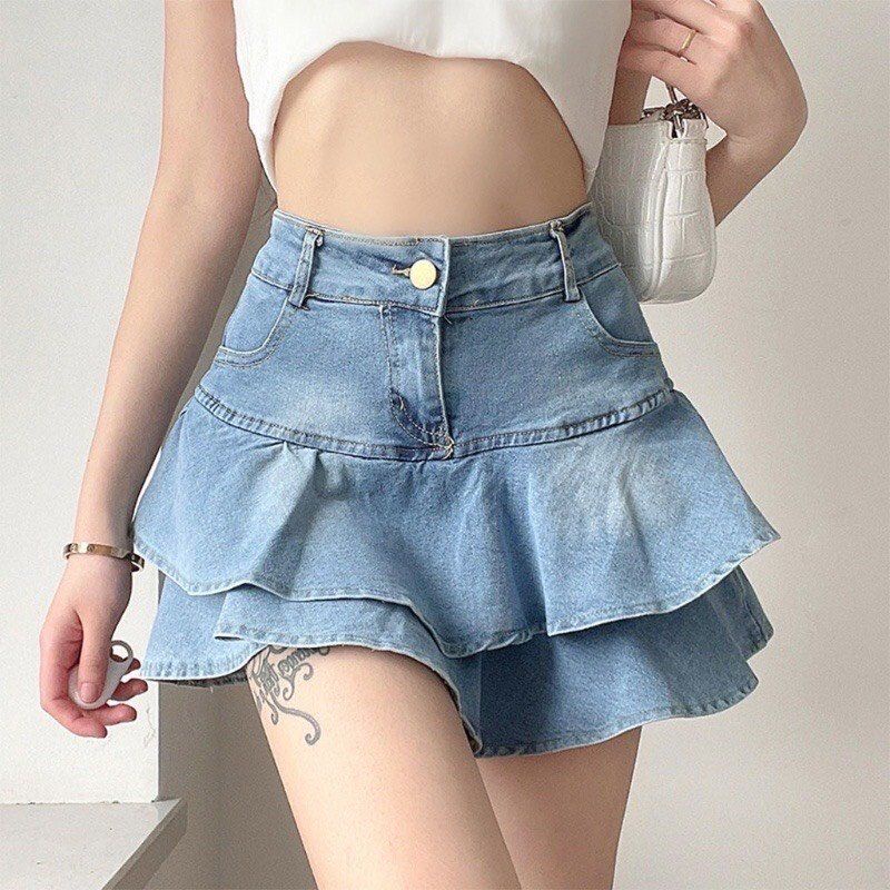 Chân Váy Jean MIRA.CLOSET, Dáng Ngắn Xoè Lưng Cao 2 Tầng C049