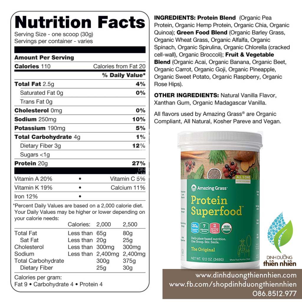 [Mã 77FMCGSALE giảm 8% đơn 500K] Bột Protein Thực Vật Hữu Cơ Amazing Grass Organic Protein Superfood Powder | BigBuy360 - bigbuy360.vn