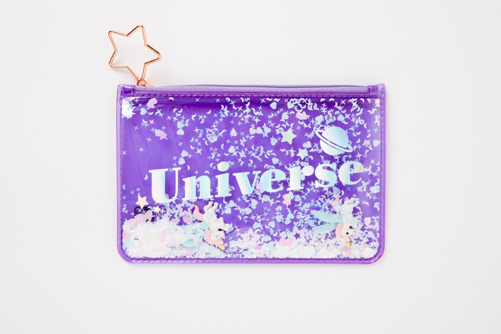 Túi Đựng Đồ ARTBOX Hàn Quốc Màu Tím Trong Suốt Kim Tuyến Lấp Lánh In Chữ Universe