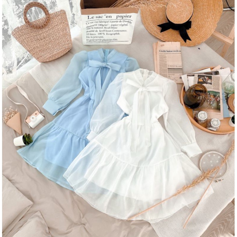 Đầm công sở trắng xanh nơ ngực tơ tầng xinh xắn