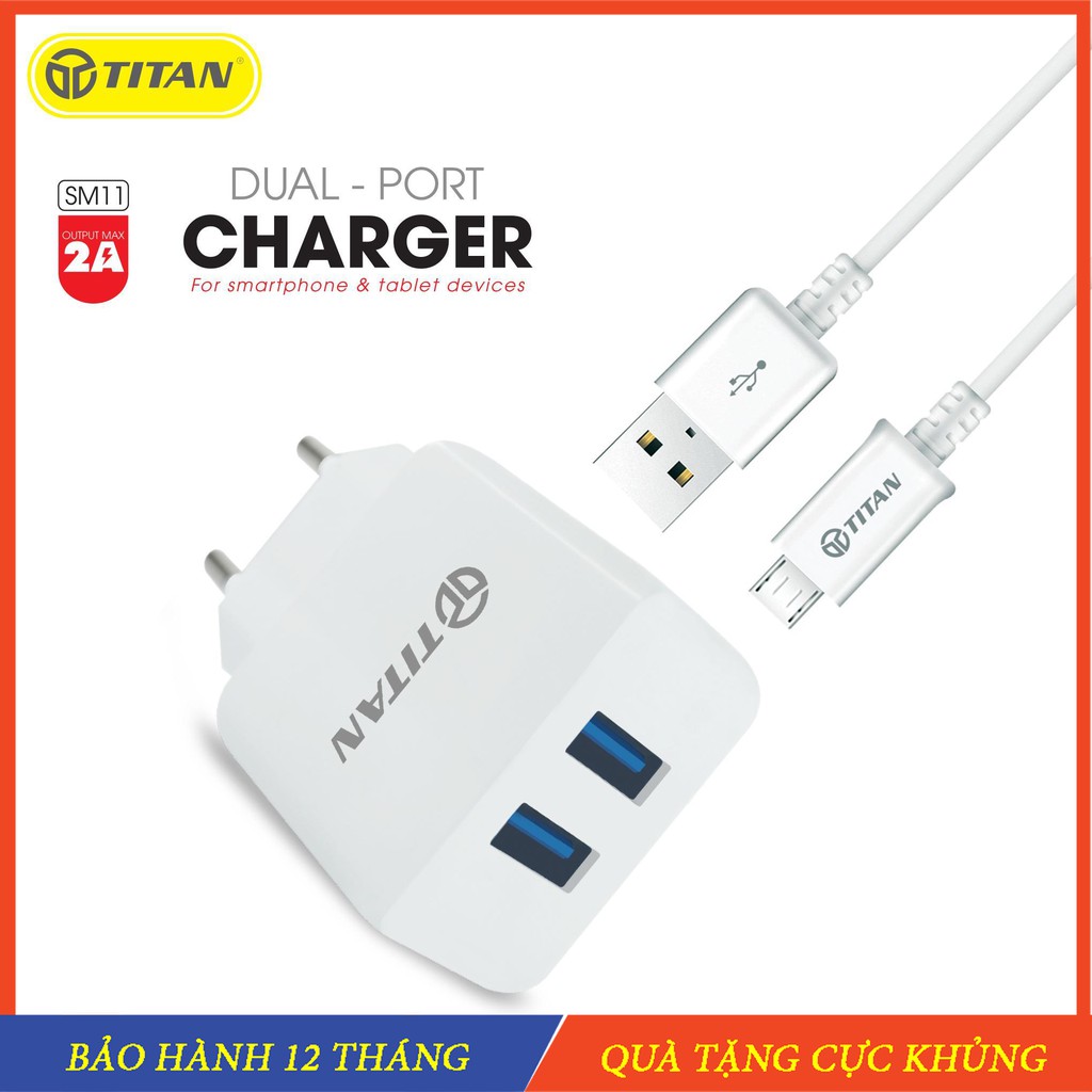 Combo Sạc Nhanh 2 Cổng Cáp Sạc Micro, Bộ sạc 2 Cổng USB Kèm Dây Sạc Micro Usb Thương Hiệu Titan Sản Phẩm Chính Hãng