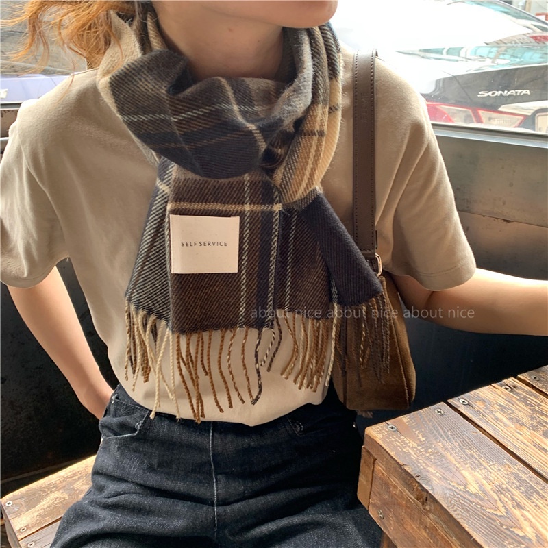 Khăn quàng cổ unisex vintage - Khăn choàng cổ len nam nữ Self Service kẻ caro ulzzang Hàn Quốc mềm mịn