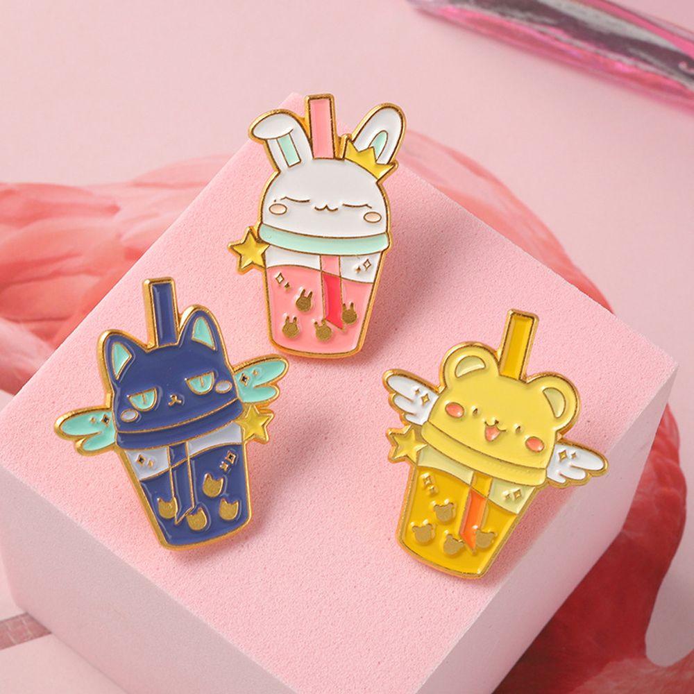 Huy Hiệu Cài Áo Hình Mèo Và Ly Trà Sữa Sakura Dễ Thương