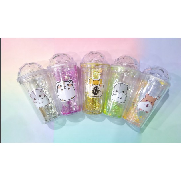 cốc 2 lớp kim tuyến hamster Phoebe nắp cầu CNKI29 cốc giữ nhiệt ly 2 lớp nắp cầu cốc làm lạnh dễ thương 500ml