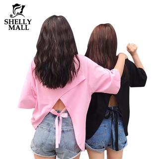 Áo thun tay ngắn cổ tròn cột nơ sau lưng