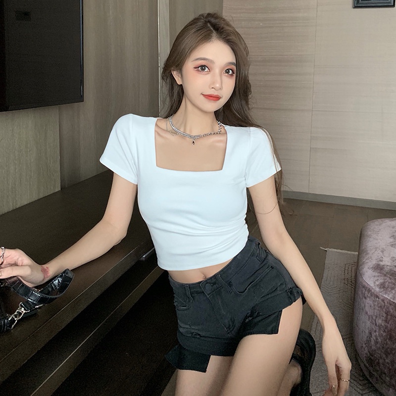 WANGJIAOZHAN Áo croptop thun tay ngắn cổ vuông thời trang nữ