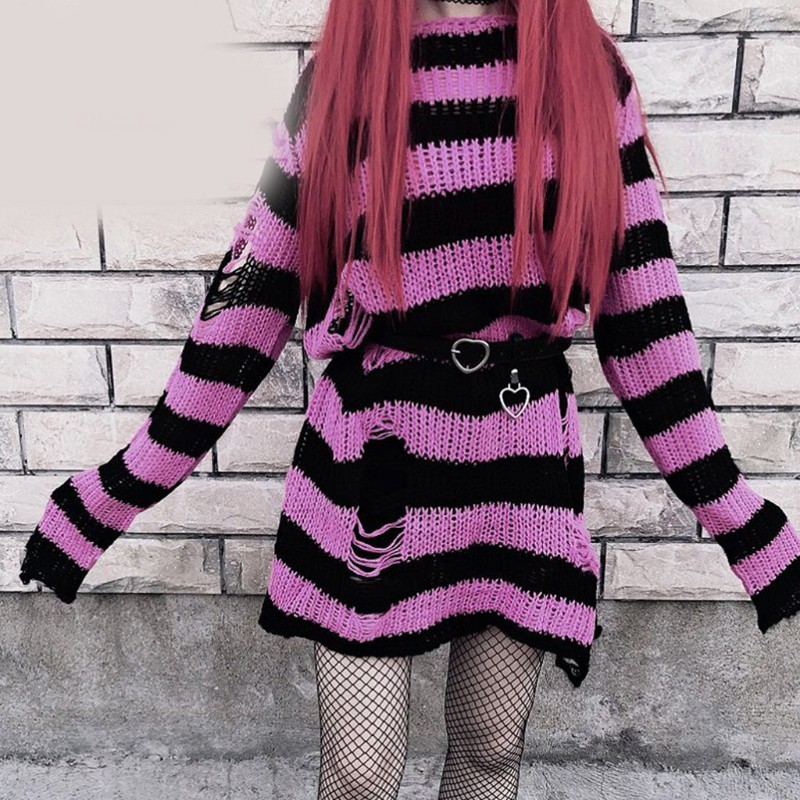 Áo sweater tay dài dáng rộng họa tiết kẻ sọc phong cách gothic punk thời trang cho nữ