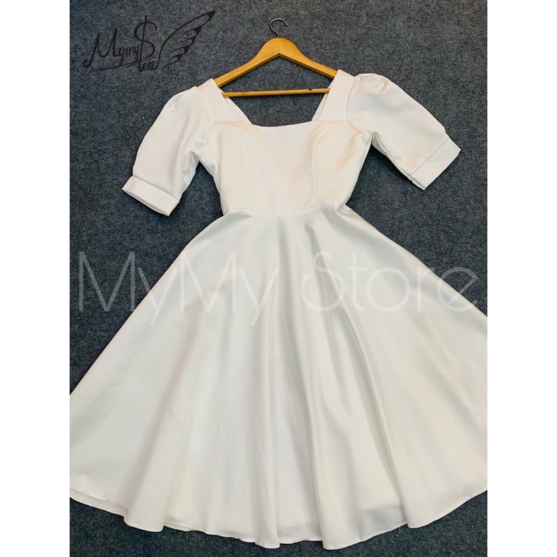 Đầm xòe cổ vuông hở nơ lưng gợi cảm chất phi lụa taffeta sang trọng siêu xinh TRIPBLE T DRESS - size M/L - MS109Y