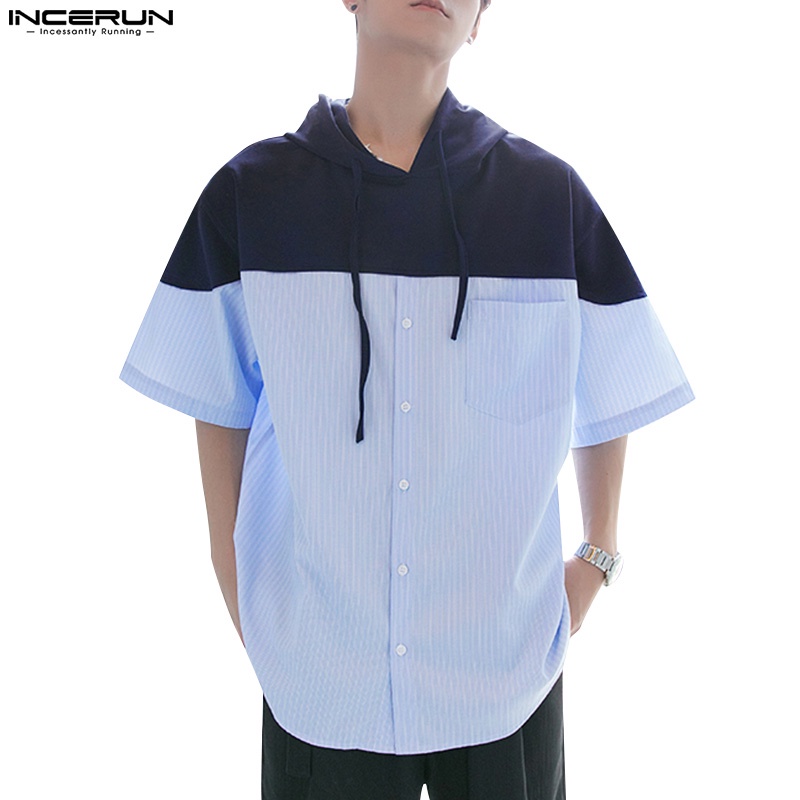 Áo hoodie INCERUN ngắn tay dáng rộng phối màu cá tính thời trang cho nam