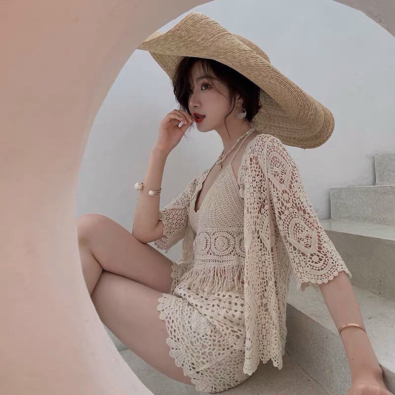 Set ren hoa bikini đi biển - bra hoa tròn - quần ren - áo choàng