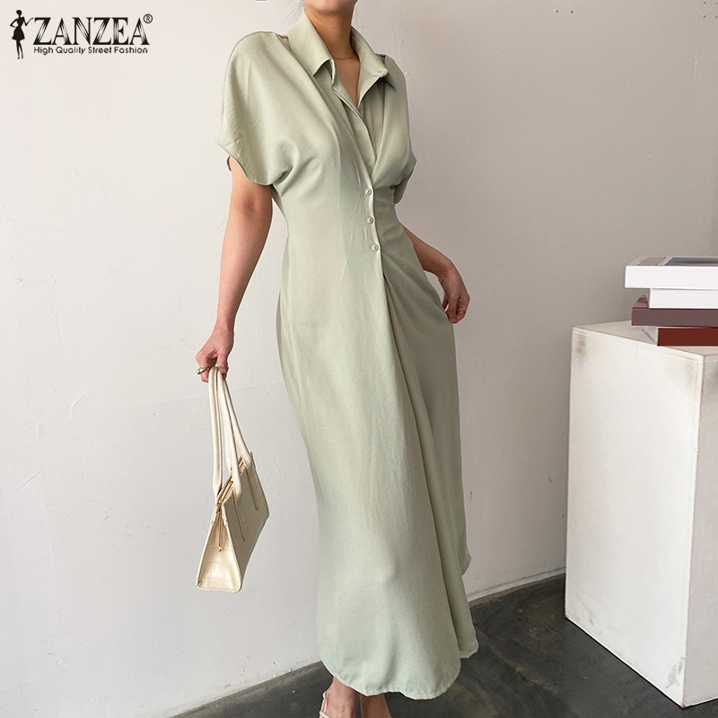 Đầm ZANZEA ngắn tay cổ bẻ thời trang Hàn Quốc cho nữ