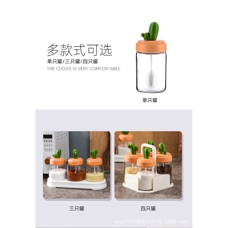 Bộ đựng gia vị nhà bếp nắp xương rồng, kèm thìa tiện dụng cao cấp dễ thương chống ẩm tuyệt đối [Haza Home Decor] | BigBuy360 - bigbuy360.vn