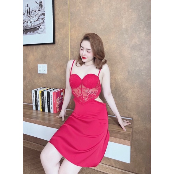 Đầm ngủ nữ sexy  váy ngủ phối ren bụng gợi cảm lụa latin cao cấp (tặng kèm quần nữ)