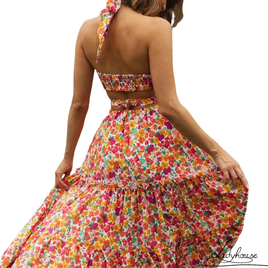 Set đồ 2 món gồm áo ống và chân váy dài lưng cao in họa tiết hoa phong cách Bohemian dành cho nữ