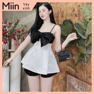 Set áo 2 dây peplum trắng nơ ngực đen + quần short đen