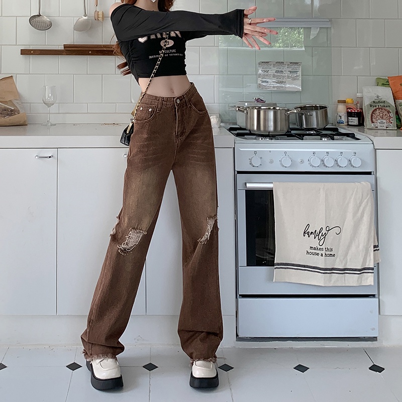 Set Áo Thun Dài Tay 2 Dây + Quần jeans Dài Ống Rộng Thời Trang Nữ