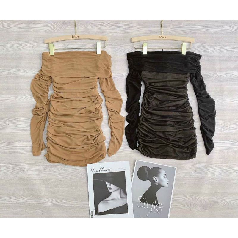 Đầm bẹt vai phối voan rút nhúng sexy