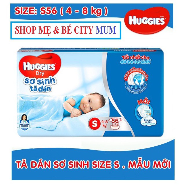 Bỉm Huggies dán S56 miếng S dành cho trẻ (4-8kg) tặng 4 miếng tã quần