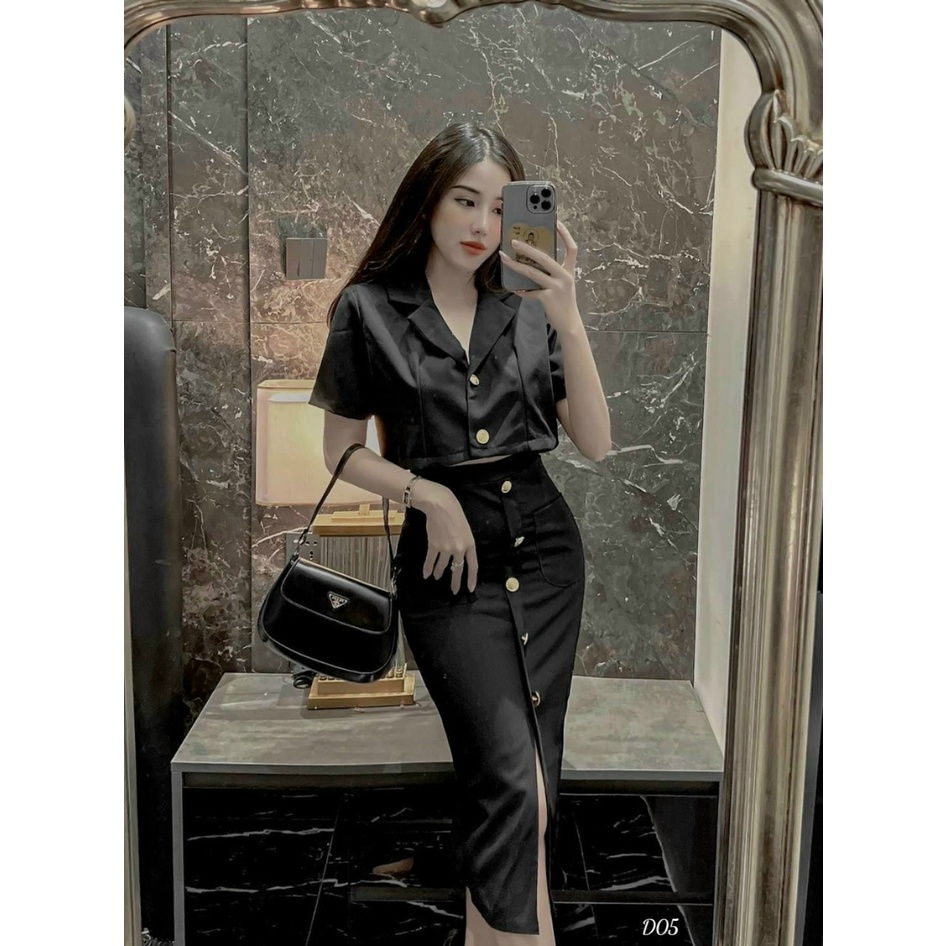 [Set váy sale sốc 50%] Set vá và váy đi dư tiệc sang trọng với áo croptop kiểu nữ kèm chân váy midi có khuy gài