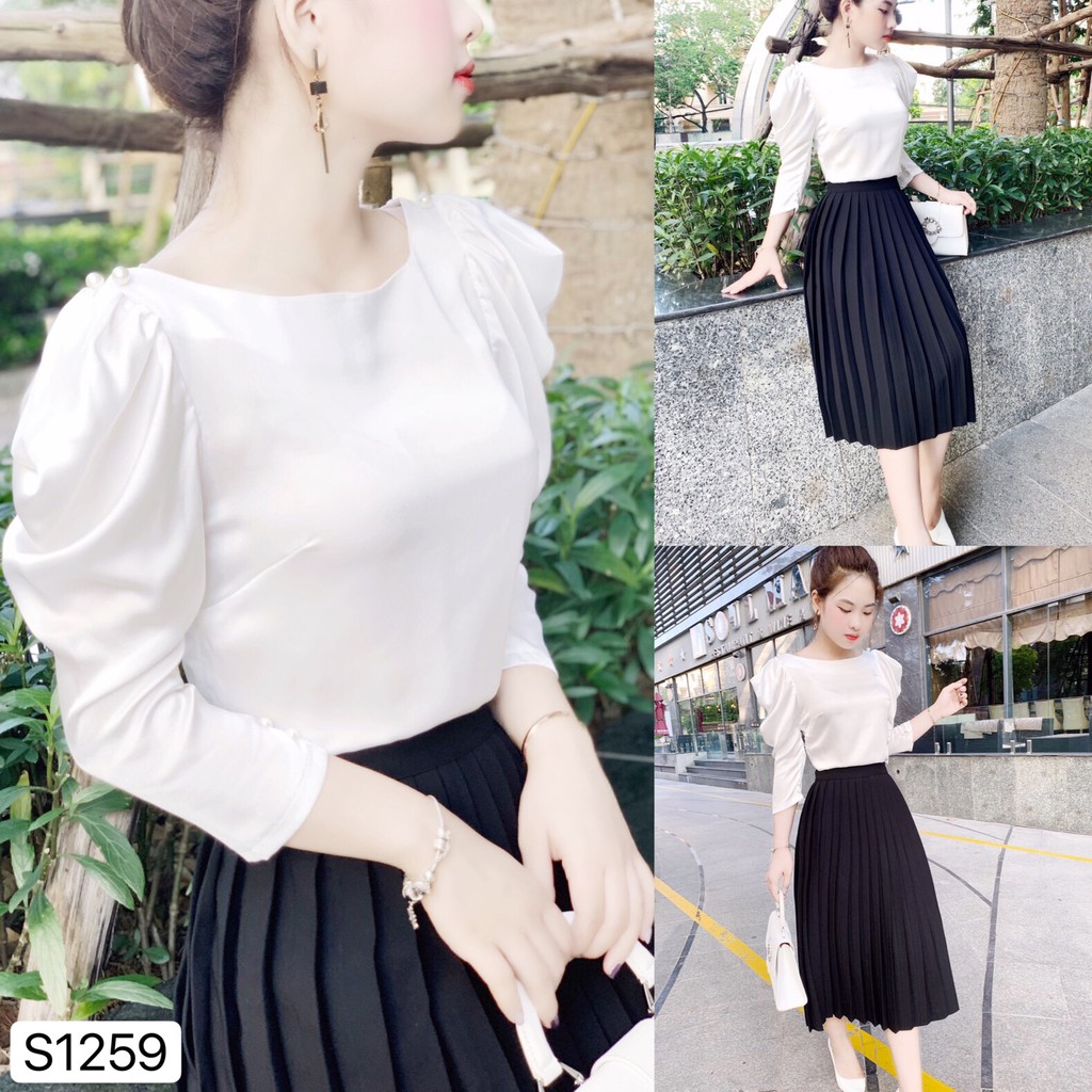 Set áo trắng cổ oval kèm chân váy midi S1259 - Đẹp Shop DVC (Kèm ảnh thật trải sàn do shop tự chụp) | BigBuy360 - bigbuy360.vn